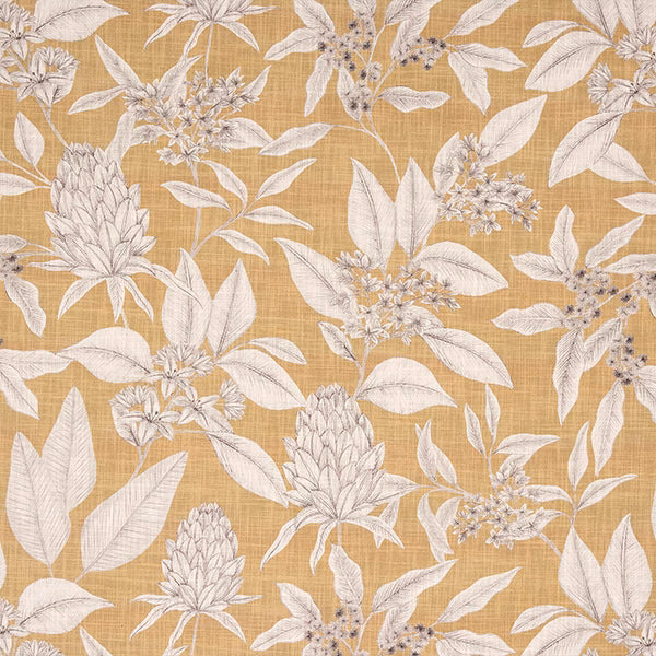 Ochre botanical cotton fabric with large ivory leaves and flowers