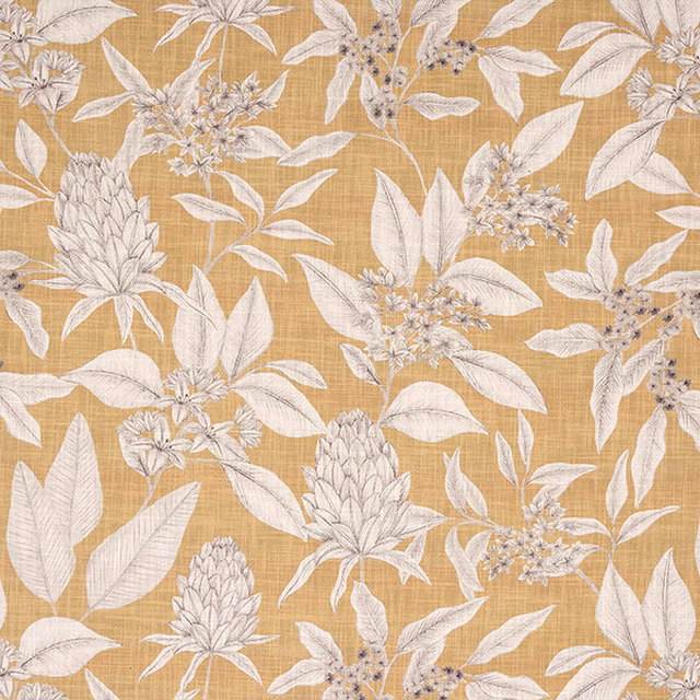 Ochre botanical cotton fabric with large ivory leaves and flowers