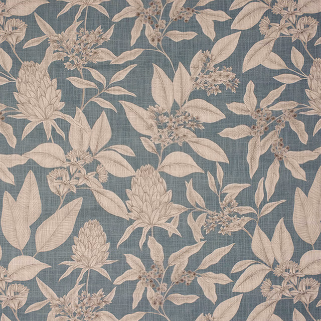 Seafoam teal botanical cotton fabric with ivory leaves and flowers