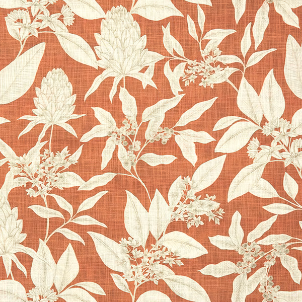 Terracotta cotton fabric with large ivory botanical leaves and flowers