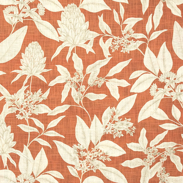 Terracotta cotton fabric with large ivory botanical leaves and flowers