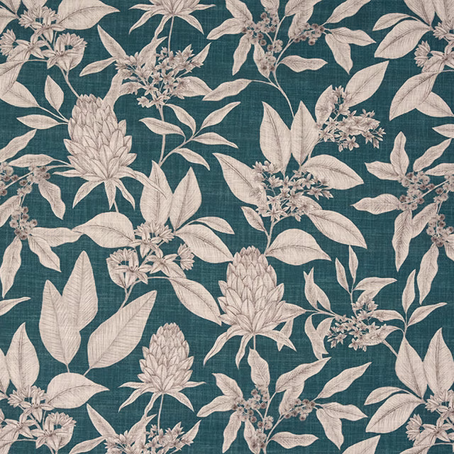 Teal botanical cotton fabric with ivory leaf and stem print