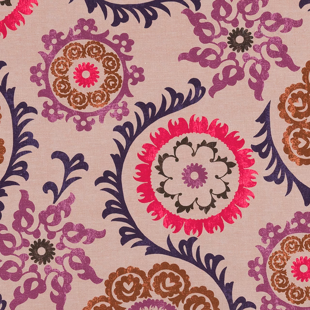 Blush pink printed fabric with large purple and brown floral medallions