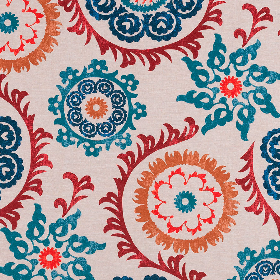 Large teal, burgundy and coral damask-style print on a pale ground