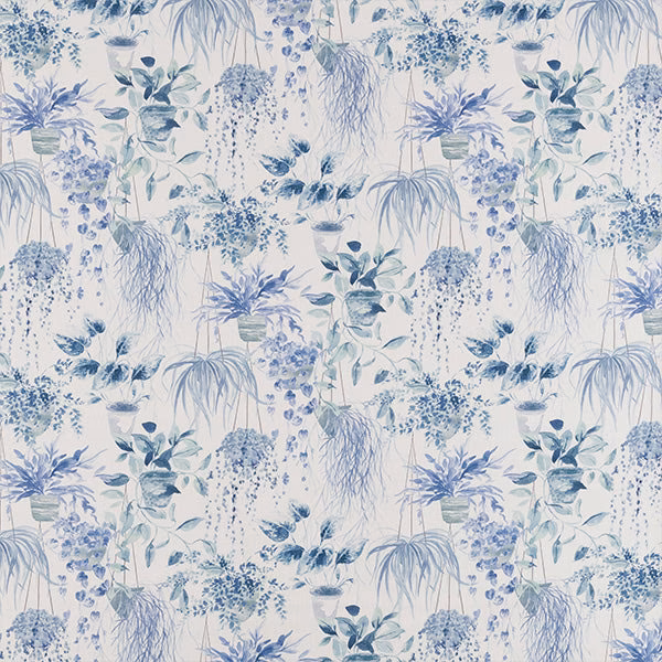 Pale ash-blue botanical print on a light ground with trailing leaves and potted plants
