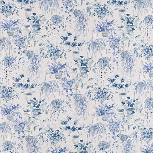 Pale ash-blue botanical print on a light ground with trailing leaves and potted plants