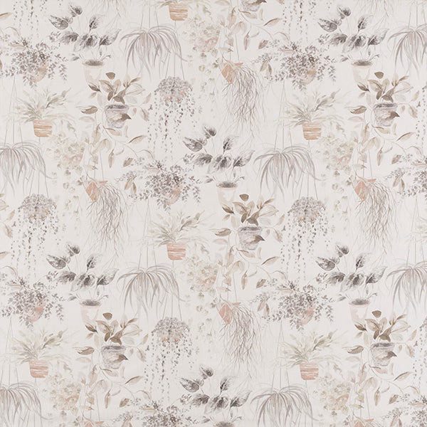 Pale botanical print on ivory cotton with soft blush and taupe foliage