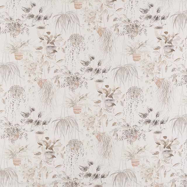 Pale botanical print on ivory cotton with soft blush and taupe foliage