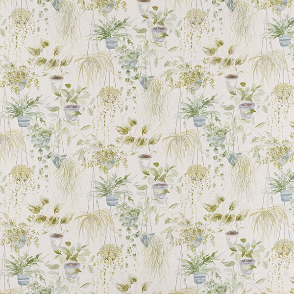Pale sage botanical print on ivory cotton with hanging fronds and potted plants