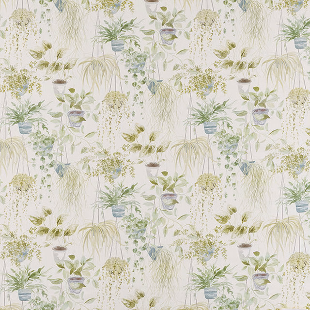 Pale sage botanical print on ivory cotton with hanging fronds and potted plants
