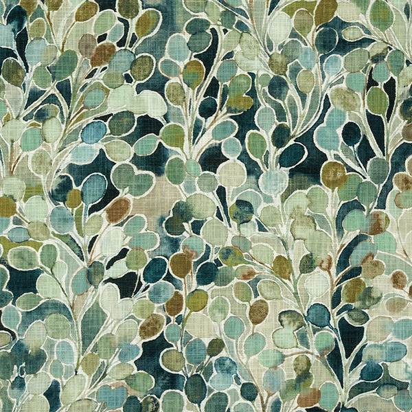 Jade and aqua botanical print with layered leaf motifs on a textured linen ground