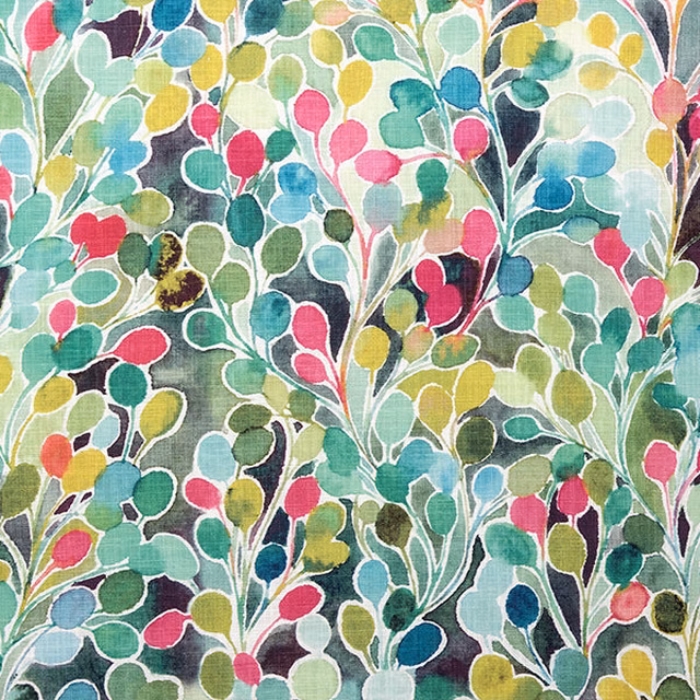 Colourful botanical print on linen-blend fabric with teal, lime, pink and blue leaves