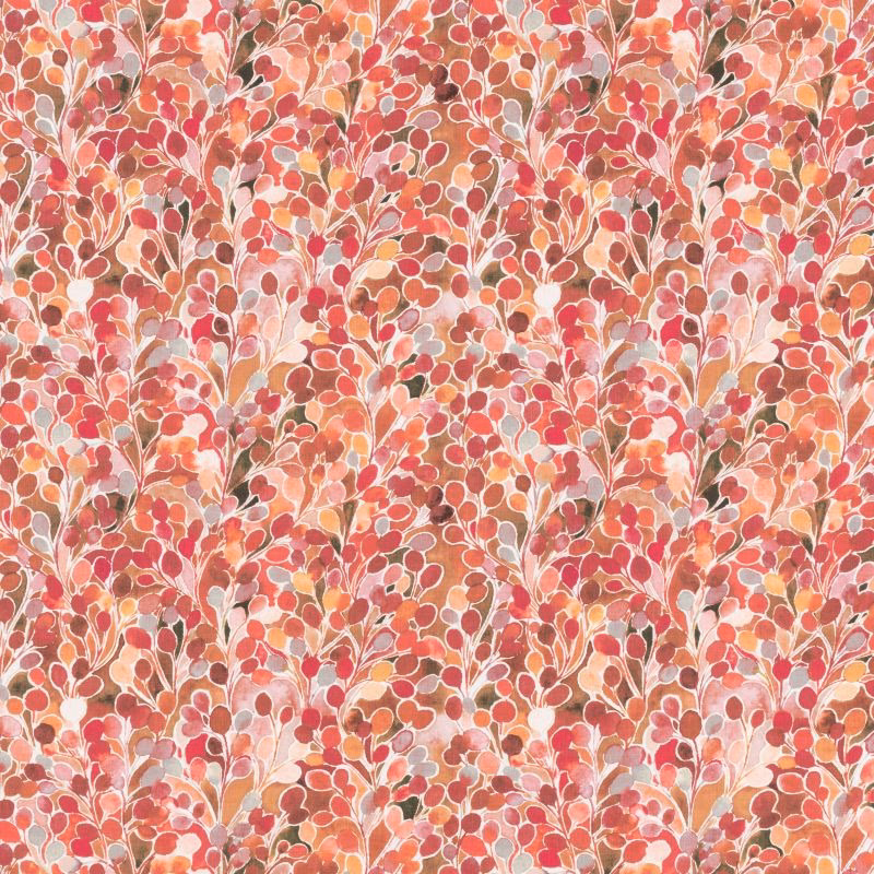 Coral-red leafy print on a cotton-linen swatch with pale outlines