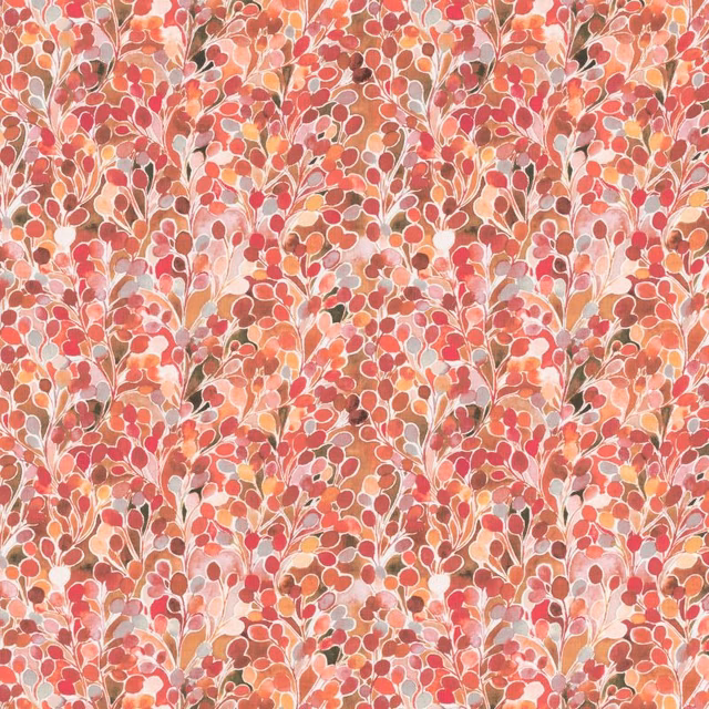 Coral-red leafy print on a cotton-linen swatch with pale outlines