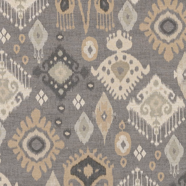 Grey ikat fabric swatch with soft cream and taupe geometric motifs
