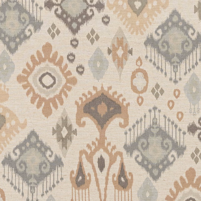Natural beige fabric with muted terracotta and grey geometric motifs
