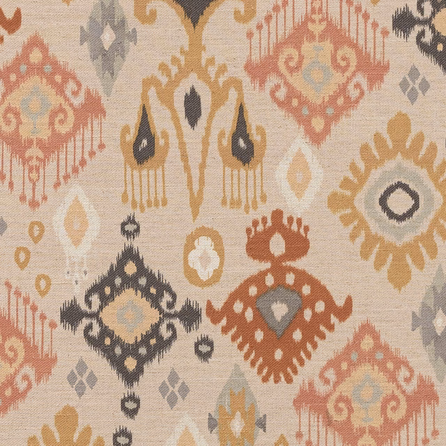 Printed geometric fabric in terracotta, mustard, charcoal and blush on a pale ground