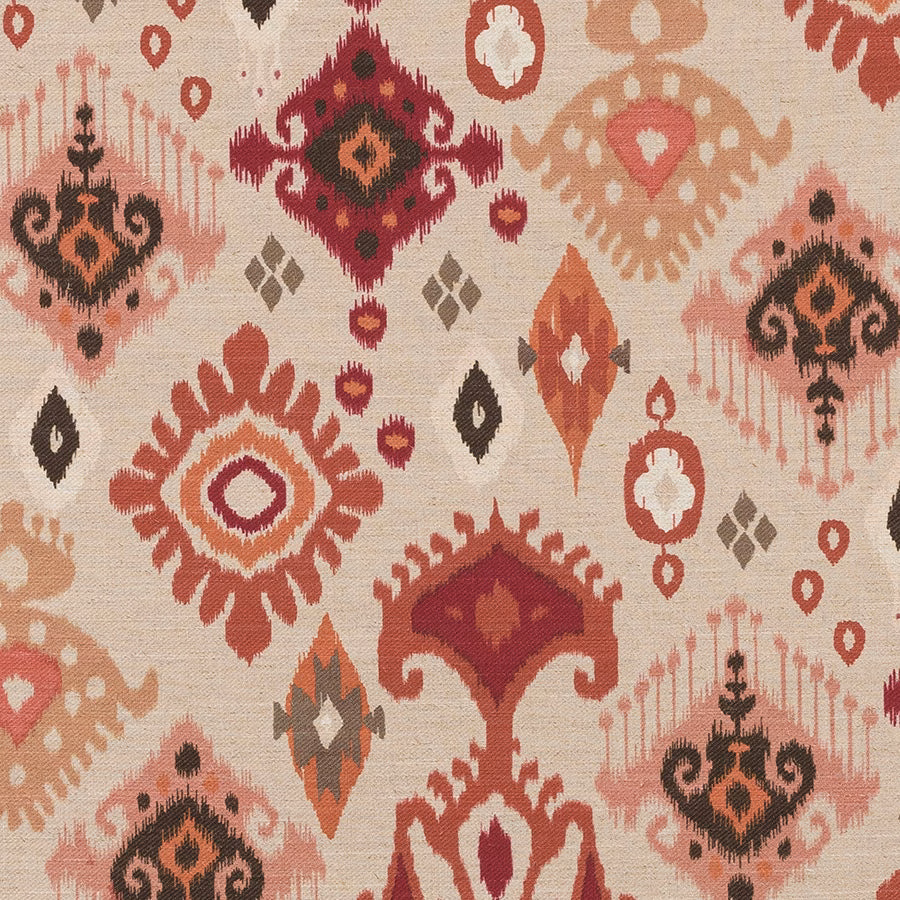 Cream linen-look printed fabric with terracotta, coral and magenta geometric ikat motifs