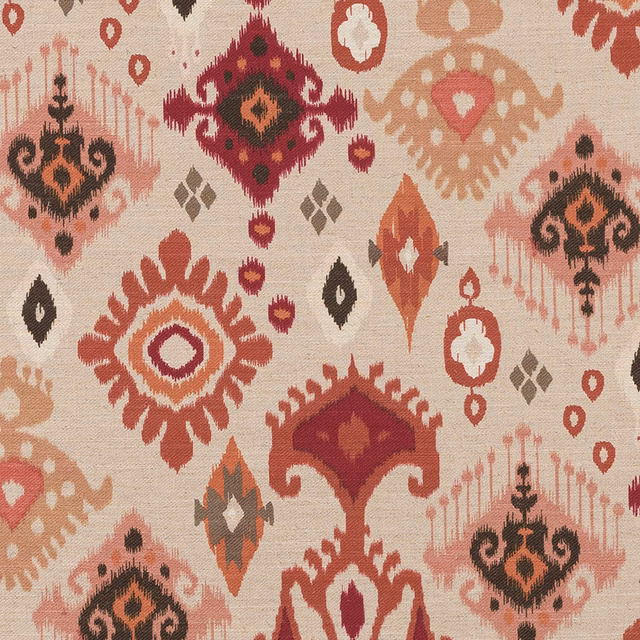 Cream linen-look printed fabric with terracotta, coral and magenta geometric ikat motifs