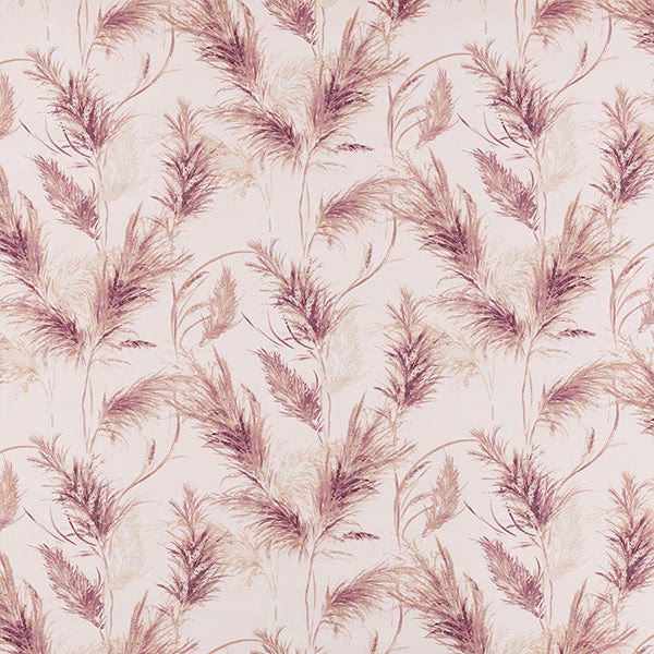 Soft blush and mauve feather-like fronds printed on a pale ivory cotton ground