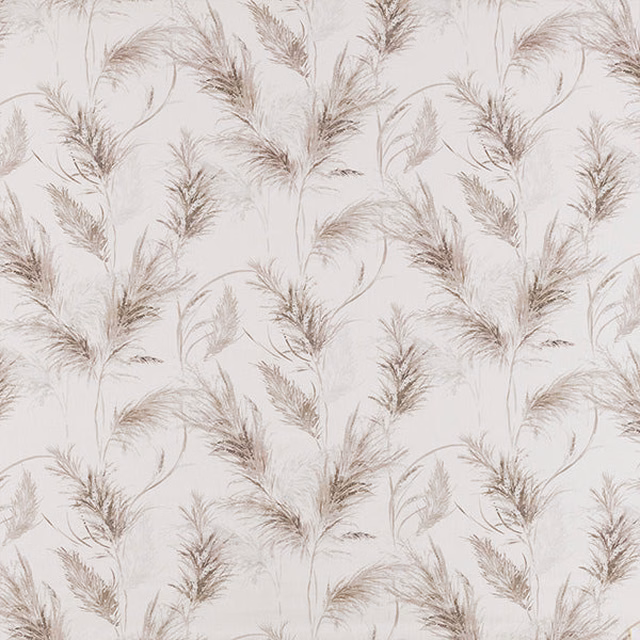 Pale feather print fabric in warm taupe and beige on an off-white ground
