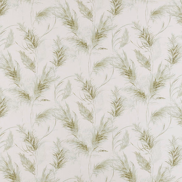 Sage green feathery palm fronds on a pale ivory cotton fabric