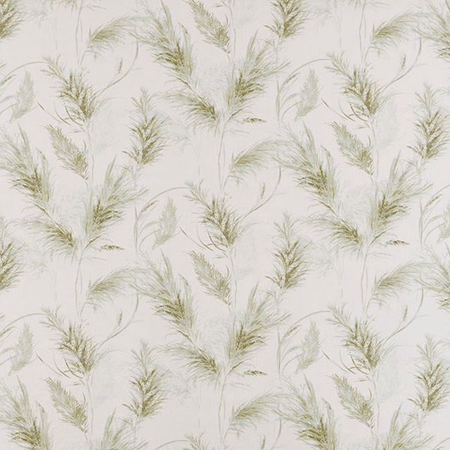 Sage green feathery palm fronds on a pale ivory cotton fabric