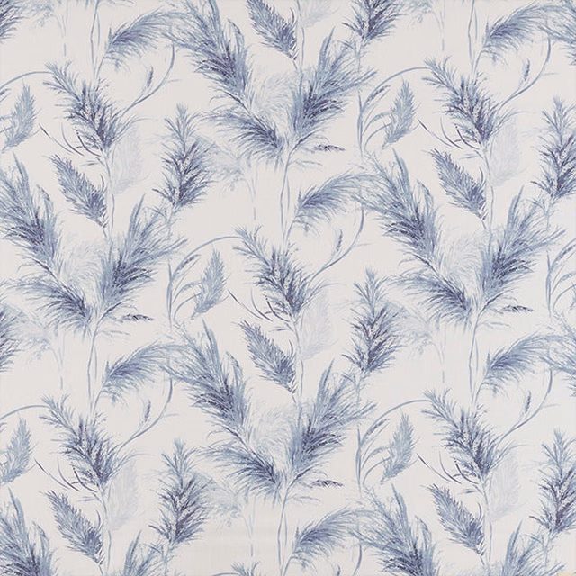 Pale cotton fabric with airy feather print in soft ash blue and grey