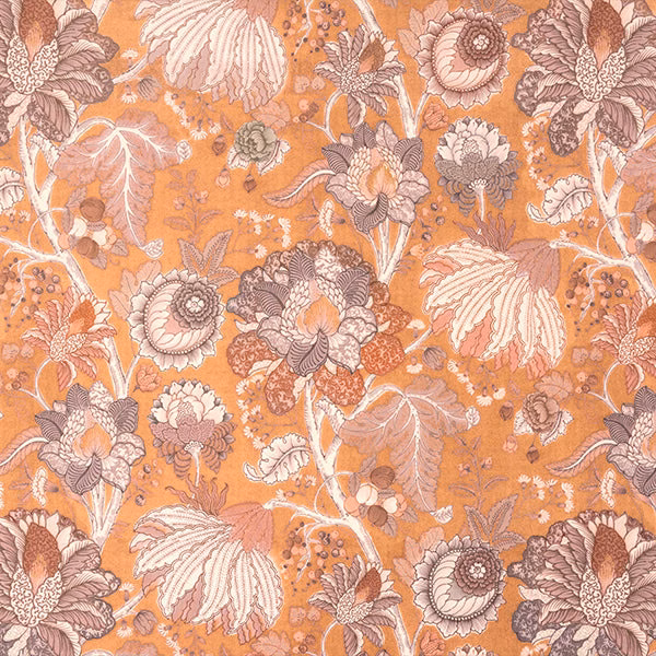 Warm orange chartreuse floral print with ivory and mauve blooms