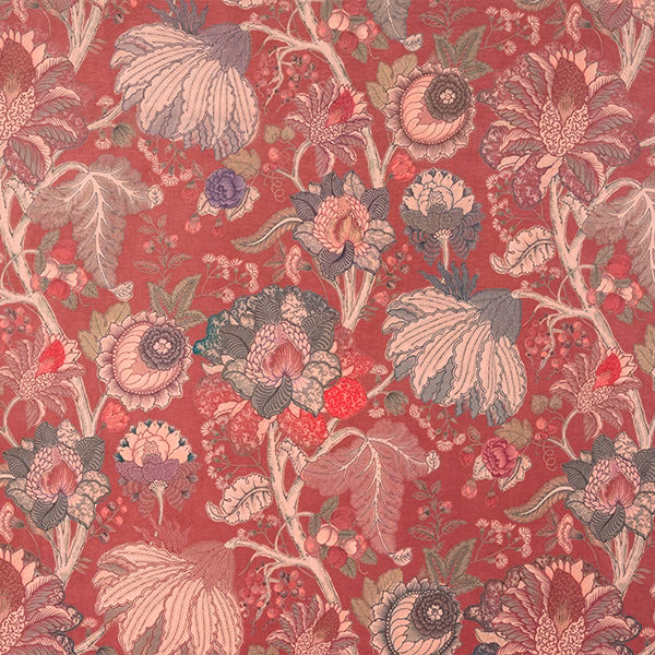 Cranberry red floral print with blush, grey and olive botanical motifs