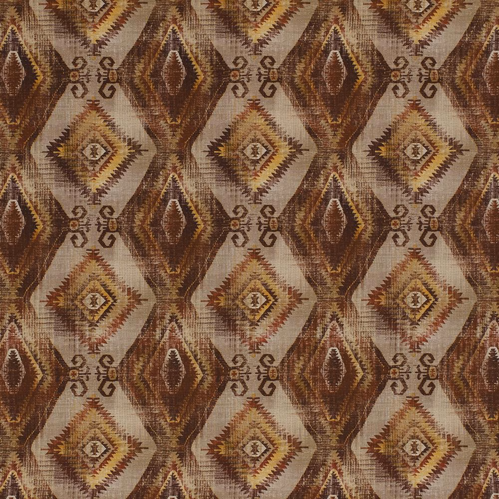 Geometric diamond fabric swatch in rust red, ochre and beige woven texture