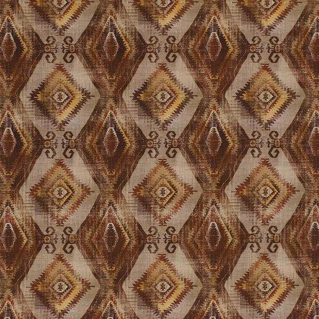 Geometric diamond fabric swatch in rust red, ochre and beige woven texture