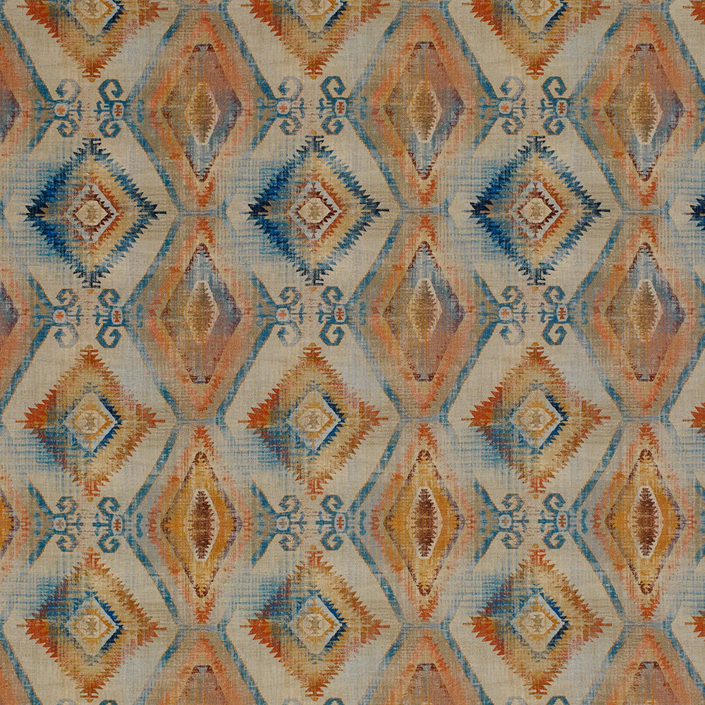 Muted teal and terracotta geometric ikat-style fabric on a beige ground