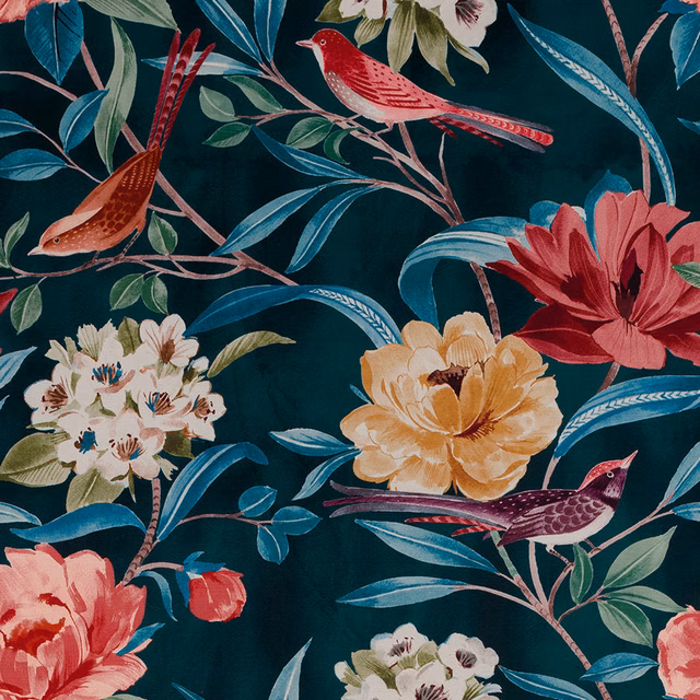 Deep jade botanical print with birds, teal leaves and vivid coral flowers