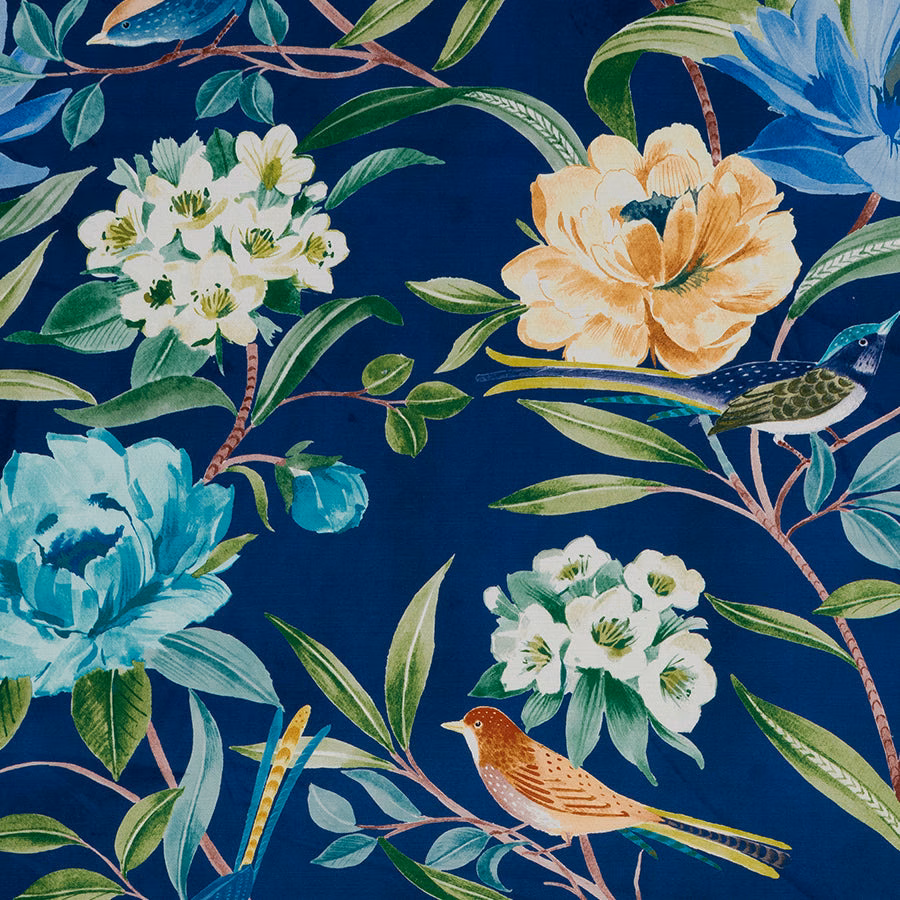 Large floral print with birds on a deep navy background