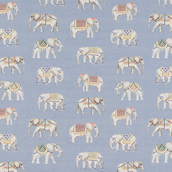Printed cotton with ivory elephants on a soft dusty blue ground