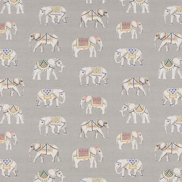 Soft dove grey cotton fabric with small printed elephants in pastel trappings