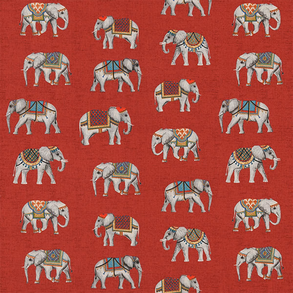 Red cotton fabric swatch with repeating white elephants and colourful saddle details