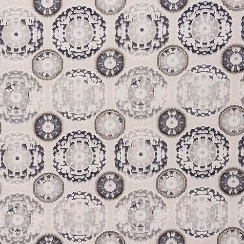 Ochre fabric with large circular medallion print in cream, grey and charcoal