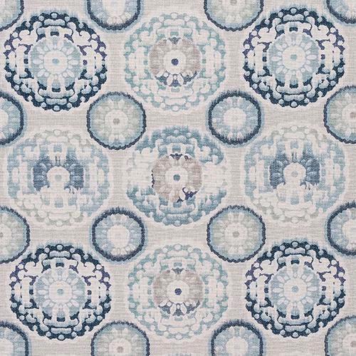 Printed fabric swatch with seafoam and teal circular medallions on a pale ground