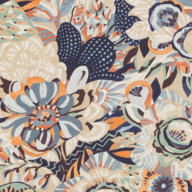 Large floral cotton print in indigo, cream, aqua and coral tones