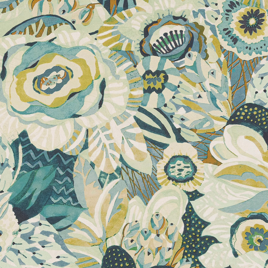 Large painterly floral print in jade, teal, cream and soft yellow on cotton
