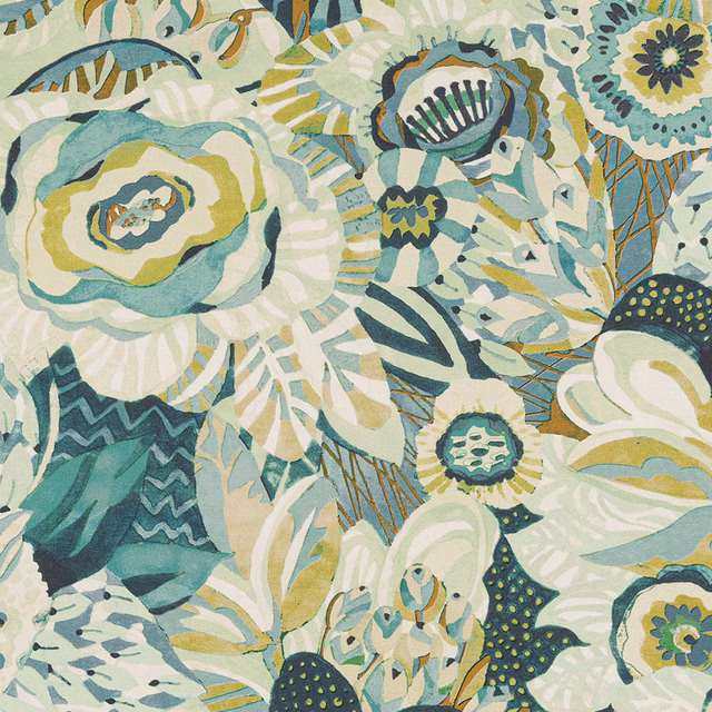 Large painterly floral print in jade, teal, cream and soft yellow on cotton