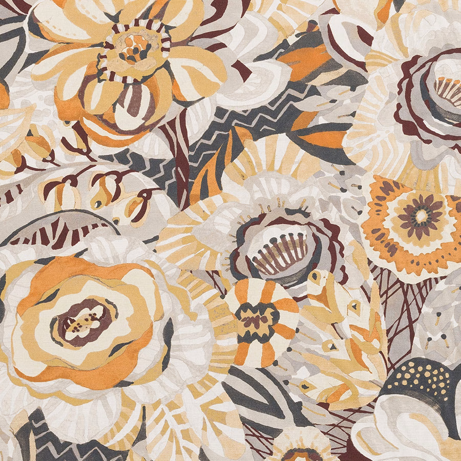 Large painterly floral print in ochre, ivory, burgundy and charcoal on cotton