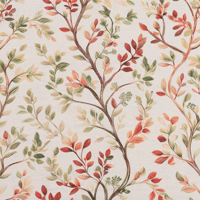 Cream cotton fabric with branching botanical print in sage, coral and red leaves