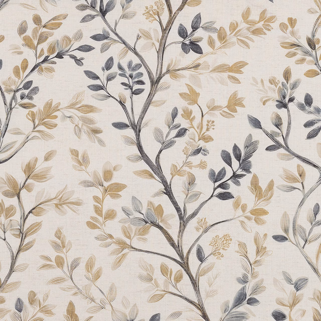 Cream cotton fabric with trailing botanical branches in beige and charcoal