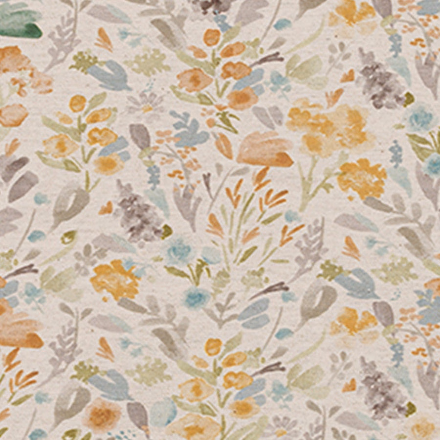 Pale botanical print fabric with soft sage, ochre, duck egg and peach flowers