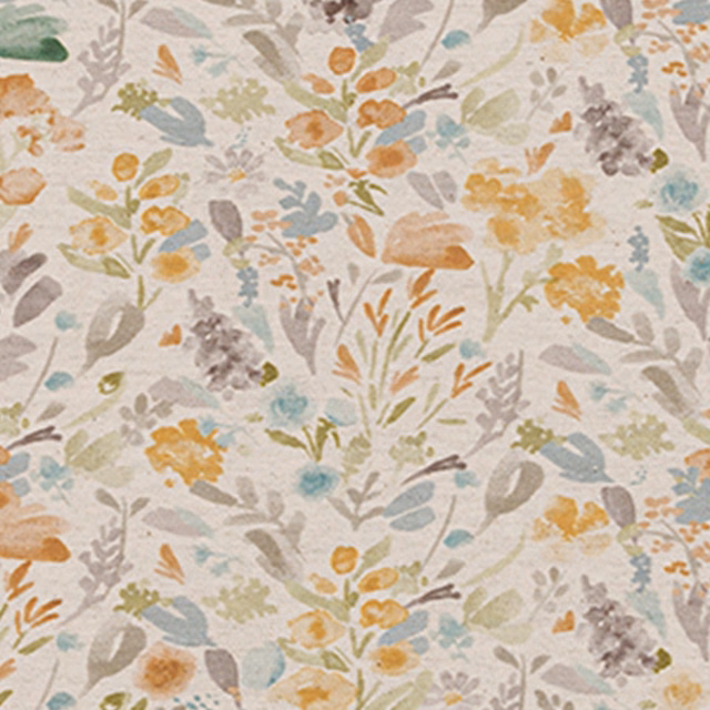 Pale botanical print fabric with soft sage, ochre, duck egg and peach flowers