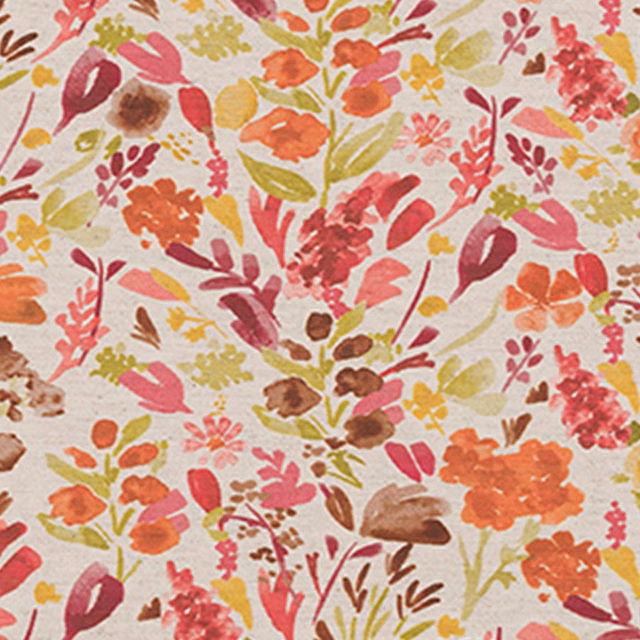 Painterly floral fabric with paprika, coral, pink and olive meadow print on pale ground