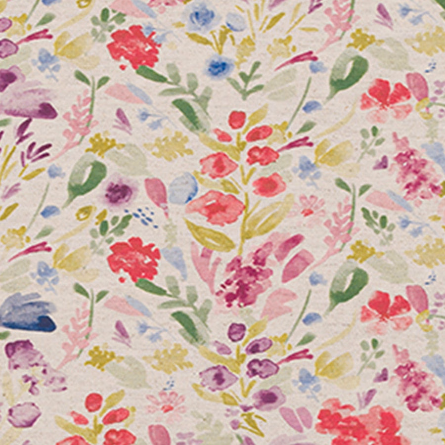 Painterly multicolour floral meadow print on a pale ivory fabric ground